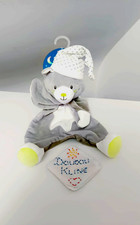 Doudou Plat Chat/Ours Gris Blanc Vert Bonnet Etoiles Luminescent  - Sucre D'orge