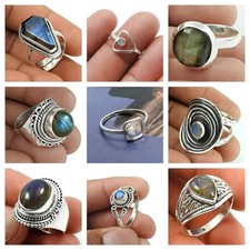 Naturel Labradorite 925 Argent Sterling Superbe Anneaux Taille 9 Noël Cadeau