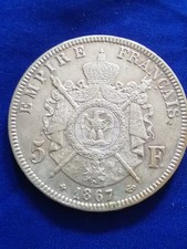 Pièce 5 Francs Argent Napoléon III 1867  BB TTB tête Laurée 