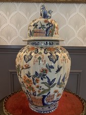 Magnifique Grande Potiche Couverte Faïence XIXE - Delft - Décor Chinois Oiseaux