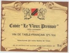 04/16 Etiquette Thème PRESSOIR CUVEE LE VIEUX PRESSOIR Chambéry mise SALAVERT