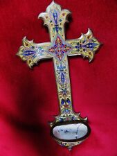 BÉNITIER EMAIL CLOISONNE sur BRONZE ancien FLEURS RINCEAUX multicolores 