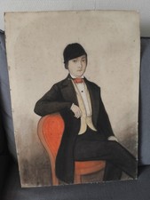 Tableau ancien portrait femme assise cavalière pastel 1848