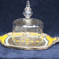 Dôme à fromage en verre antique avec plateau en bois des années 1920 av fourche