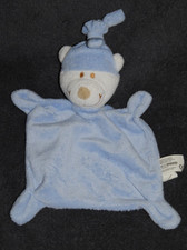 ?Doudou Ours Plat Bleu TEX Baby CARREFOUR Tête Blanc Bonnet Bleu TTBE