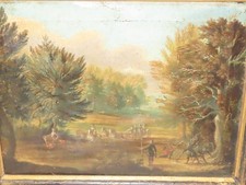 Peinture Paysage Avec Calèche Et Personnes Très Ancienne !