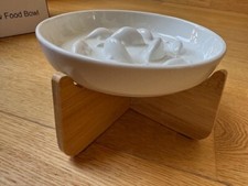 Gamelle Anti Glouton Céramique Surélevée Chat, Assiette avec Support Bambou