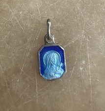 French Sterling Silver Saint Therese Medal ⅓” Pendant Blue Enamel Christopher