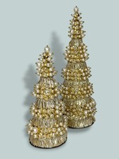 2er Set Goodwill Décoration de Table Noël Arbre / Sapin Or Perles 20cm Et 27cm