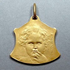 Baby, Child. Tuberculose. Antique Gold Plating Medal. Pendant by Paul Fisch