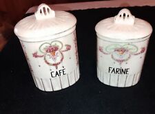2 Pots À Épices Anciens Café Et Farine En Faïence Nacrée Couronne De Fleurs