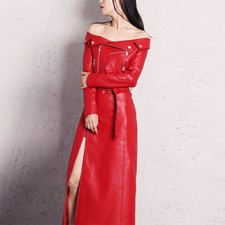 robes cou rouge noir robe en cuir à manches longues piste robe élégante