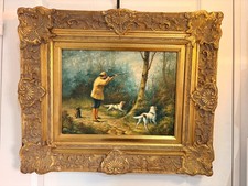 Tableau Peinture Huile Panneau HSP WILLIAM EDWARD WEBB Chasse Cour Chien Forêt