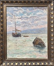 Antique Oil  painting, Yachting Scenariy Cot d’Azur, Signature A.Isailoff