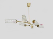 Lustre ancien à 6 branches, 2 flèches rouges, laiton et tubes en verre Années 70