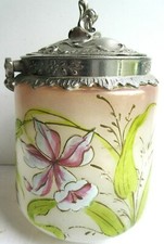 Seau à biscuits Art Nouveau, pot verre émaillé Legras: Orchidée rose et blanche