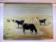 T. Boyer – Huile sur toile 65x46 cm – Taureaux camarguais et gardian à cheval
