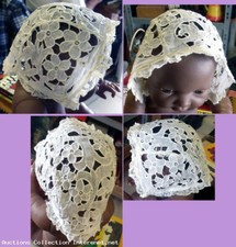 Bel ancien bonnet de bébé baptême coton blanc broderie ajoure