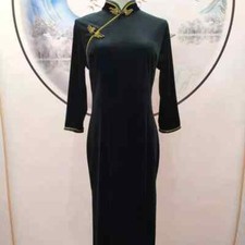 Élégant Femme Velours Robe Longue Traditionnel Asiatique Slim Qipao Fête Bal