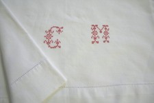  monogramme CM, n°213  bordure de drap ancien, jours, 198x54cm, rideau