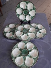 5 Assiettes à Huîtres /Coquillages en Barbotine blanche et verte