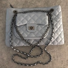 Superbe Double Sac Cuir Matelassé Bleu Orage Gris Chaînes Pochette Et Petit Sac