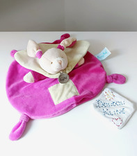 Doudou Plat/Mouchoir Rond Lapin Beige Rose Vert Cape Yeux Marron Carré  Baby Nat