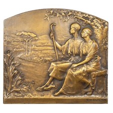 France plaquette Mariage 8 mai 1838 monogramme MJ par René Baudichon bronze