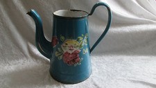 Art populaire ancienne Cafetière émaillée décor fleuri de roses et d'un bateau