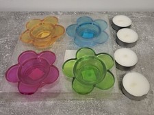 4 Photophores Verre Transparent Motif Fleur Bleu Vert Violet Orange Avec Bougies