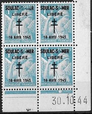 LIBERATION .RRR..SOULAC sur MER...1f** bleu clair (650)..BLOC de 4.CD.. P MAYER