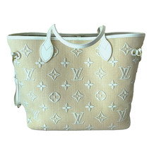 LOUIS VUITTON - SAC NEVERFULL  MM -  COTON BEIGE / CUIR BLANC - NEUF