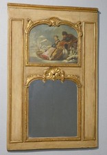 Trumeau de style Louis XV en bois doré et peint, tableau scène de neige trâineau