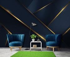 Papier Peint Intissé Panoramique Abstrait Bleu Or Modern XXL Chambre et Salon 1