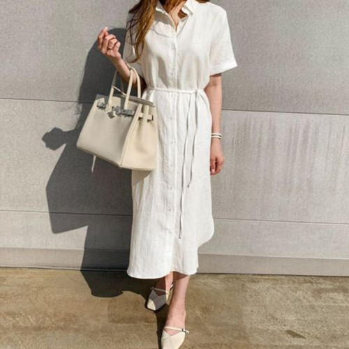 Femme coton lin revers robe - coton,