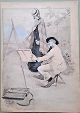 Ancien DESSIN original Encre REHAUSSE  " Le peintre sur le motif  " Vers 1900