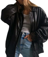 Blouson bomber femme vintage années 90 mode cuir noir manteau rétro oversize ...