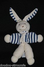 DOUDOU ET COMPAGNIE Lapin Rayé Bleu Blanc Pantin Hochet Grelot Peluche 21/28 Cm