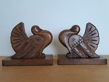 Couple De Pigeons , Paire De Serre-Livres , Bois , Art Déco , XX°.