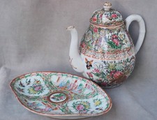 Ancienne théière et plat porcelaine Canton chine antique chinese tea pot & dish