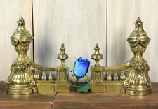 French Antique Bronze Firedogs Andirons Figural Lion Garlands Louis XIV Style