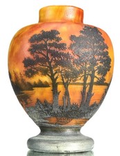 Daum Nancy Beau Vase " Paysage Lacustre " Pâte de Verre Gravé Art Nouveau Gallé