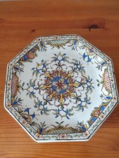 Assiette ancienne octogonale faïence vieux Rouen signée Mr 25 cm