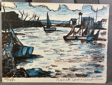 Franck INNOCENT (1912-1983) Lithographie originale Bateaux Marine dédicacée 1964