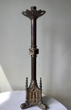 Rare Ancien Bougeoir gothique d'église bronze Vitraux XIXe siècle Hauteur 54 cm