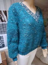 Magnifique Pull Mohair & Laine Vert PHILDAR tricoté main  taille 38 / 40  Com9