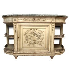 Buffet bas en demi-lune de style Louis XVI en bois laqué gris, plateau de marbre