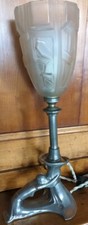 LAMPE A POSER ART DECO FEMME TULIPE VERRE MOULE  PIED ÉTAIN