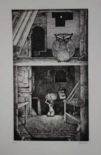 Philippe MOHLITZ : Sous les toits, le hibou, Gravure originale signée