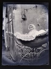 FRANCE Bébé dans sa poussette Landau c1900 PHOTO NEGATIVE Plaque verre Vintage
